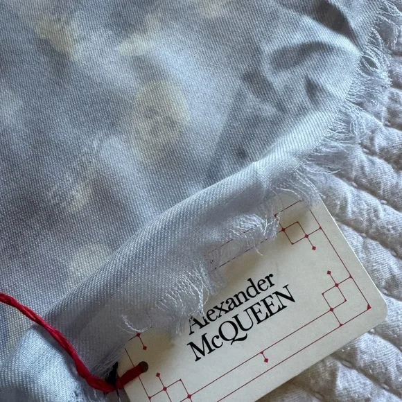Alexander McQueen Graffiti Logo Skull Print Silk Biker Scarf Sky Blue NEW - Picture 6 of 8